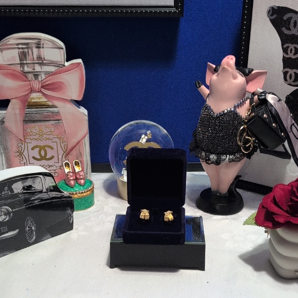 Dior Vintage Textured "X" Gold Plated Clip On Earrings in Velvet Box